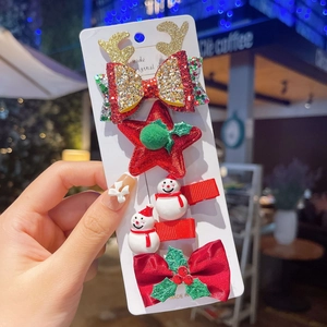 5-piece Christmas hair clip set for girls with reindeer, snowman and bow designs