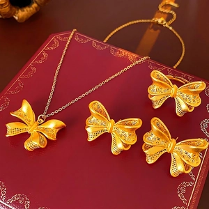 18K gold plated bow jewelry set with hollowed pattern necklace ring and earrings