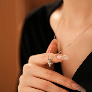 Détail d'un élégant collier avec pendentif étoile en argent et zircons porté par un mannequin
