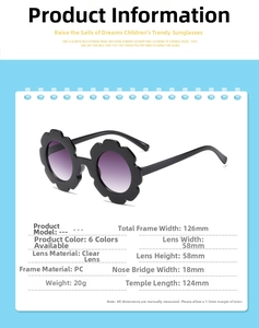 Detailed size specifications for flower-shaped kids' sunglasses with PC frame measurements