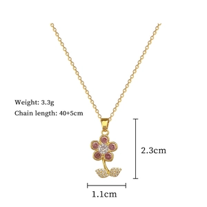 Size specifications of flower pendant necklace with pink petals and crystal leaf accents