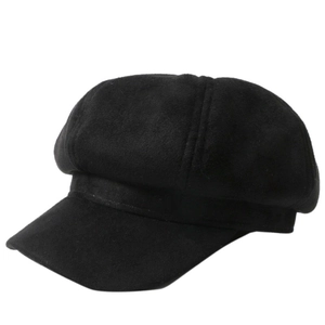 Classic black wool newsboy cap for women featuring a minimalist retro octagonal style