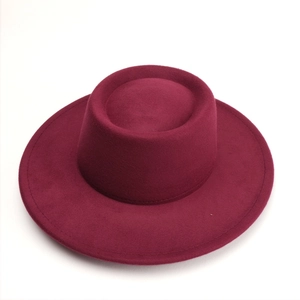 Top view of burgundy wool felt wide brim fedora hat with clean stitched edge details