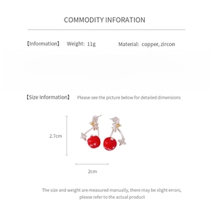 Size information and material detail of cherry earrings with zircon and copper accents