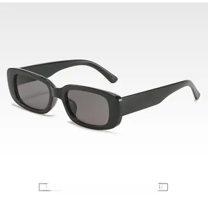Detail view of retro small square sunglasses with classic black frame and dark gray lenses