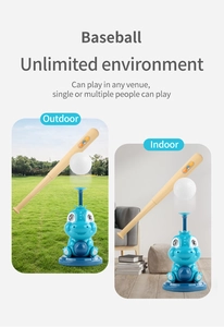 Kids dinosaur baseball launcher toy set shown in both indoor and outdoor playing scenarios