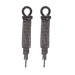 Exquisite black geometric drop earrings featuring long rhinestone tassels on silver studs