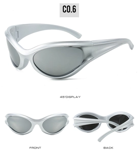 Futuristic silver Y2K wrap-around sunglasses showing front, back, and 45-degree views