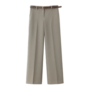 Pantalon large à carreaux gris pour femme avec taille haute et ceinture en cuir