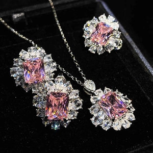 Emerald Cut Colorful Gemstone Halo Copper Rhinestone Ring Earrings Necklace For Women Elegant Luxury Accessory