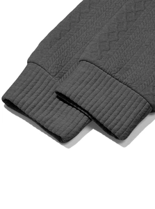 Macro detail of dark grey ribbed cuffs and textured jacquard knit pattern on men's sweatshirt