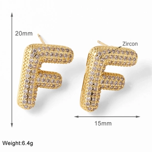 Detailed view of gold letter F earrings with zircon inlay, 20mm height and 15mm width