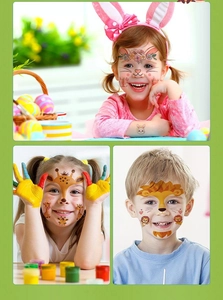 Close-up of kids wearing cute animal temporary face tattoos including rabbit and lion designs