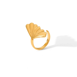 Minimalist gold ginkgo leaf open ring in stainless steel on white background