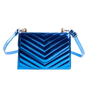 Metallic blue patent leather crossbody bag with V-shaped quilting and gold chain