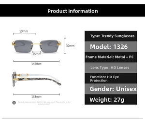 Detailed size chart for rimless trendy sunglasses with 153mm temple length