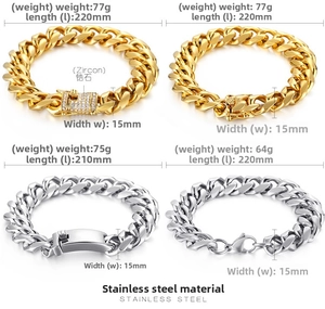 Detailtabelle für 15mm Panzerarmbänder in Gold und Silber mit Zirkonia-Verschluss