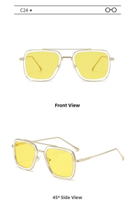 Dual view of retro aviator sunglasses with gold frames and yellow tinted lenses