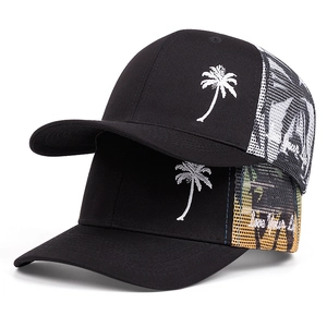 Black trucker hat with palm tree embroidery and Live Your Life mesh design detail