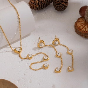 Heart Zircon Tassel Y-Necklace Earrings Stainless Steel Elegant Waterproof Hypoallergenic Fashion Jewelry For Women