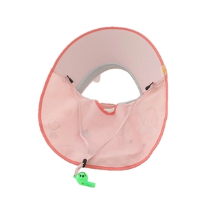 Pink sun hat for girls with rabbit ears print mesh veil and green whistle strap