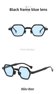 Detail view of hexagonal black sunglasses with blue lenses from front and side angles