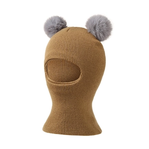 Winter knitted balaclava for kids with cute double grey pom-poms and warm ear protection