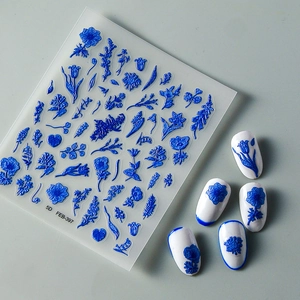Detailed 5D nail sticker sheet with blue flower patterns and model number 5D FEB-397