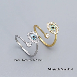 925 silver evil eye open ring with blue stones and diamonds in gold and silver
