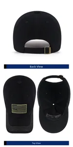 Detail view of cotton baseball cap with embroidered flag and adjustable metal buckle
