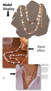 Detail of gold-plated titanium necklace with purple crystals and pearls featuring lobster clasp