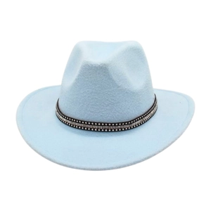 Close-up of light blue felt fedora hat featuring a stylish black rhinestone band detail