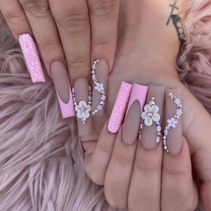 Extra Long Coffin Press On Nails 3D Flower Rhinestone Glitter Matte French Pink Nude Fashion Fake Nails For Women