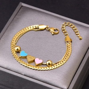 Double-layer gold snake chain bracelet with blue and pink enamel hearts and 925 heart charm