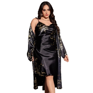 Plus size floral black satin pajama set with V-neck slip dress and long sleeve robe