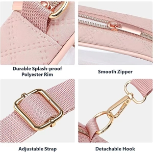 Detail showing pink splash-proof polyester rim, smooth zipper, and adjustable strap hook