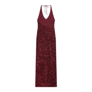 Elegant backless burgundy sequin halter maxi dress featuring a sleek slim fit silhouette