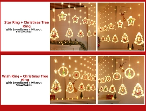 Detail of warm white LED snowflake curtain lights with Santa pendants for Christmas decor