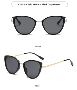 Cat eye sunglasses detail in black and gold frame with grey lenses from dual angles