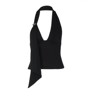 Close-up of black halter top with deep V-neck and decorative metal ring detail