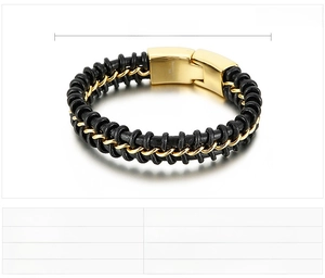 Detail view of men's black leather and gold stainless steel braid with size specs