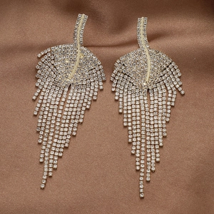 Alloy Leaf Tassel Drop Earrings With 925 Sterling Silver Earring Post Shiny Rhinestone Exaggerated Luxury Party Jewelry