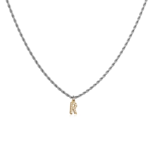 Twist chain necklace with 18K gold plated letter R pendant and clear crystals