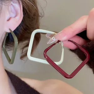 Square Geometric Hoop Earrings Alloy Spray Painted Minimalist Fashion For Women With 925 Sterling Silver Earring Post