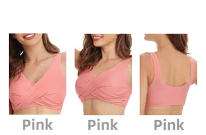 Detailed three-way view of pink seamless crossover sports bra with supportive straps