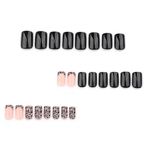Short square leopard print press-on nails set with glossy black and nude french tips