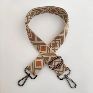 Detail of adjustable geometric jacquard strap with gunmetal hooks for crossbody bags