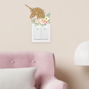 Unicorn floral wall sticker with gold glitter and watercolor flowers for light switch deco