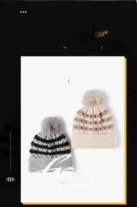 Close-up of thick knitted beanie textures with fluffy faux fur pom-poms and ear protection