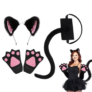 Plush black and pink cat cosplay set including cat ears headband, tail, and paw gloves